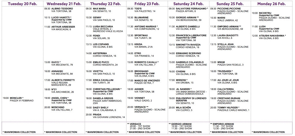 Milan Fashion Week schedule